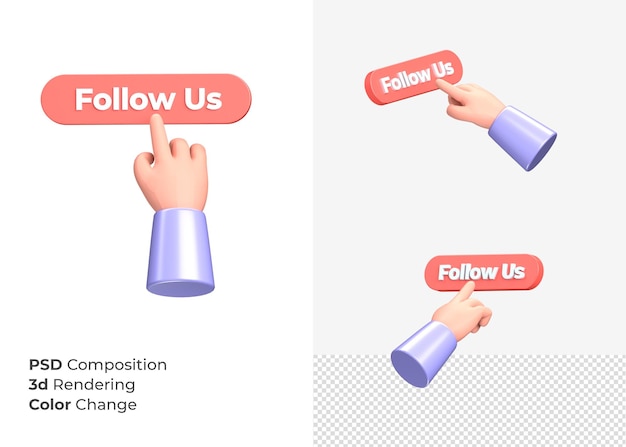 3d rendering follow us button with hand concept
