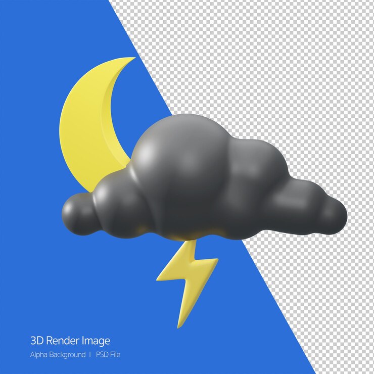 PSD 3d rendering of forecast weather 'scattered thunderstrom night' isolated