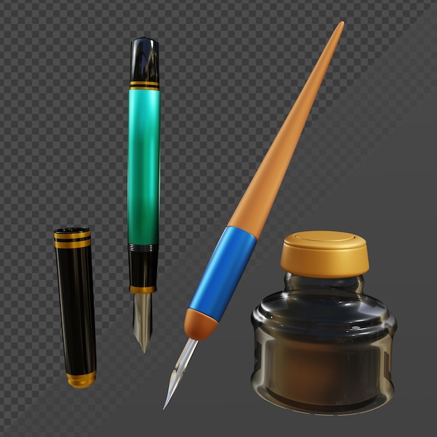 PSD 3d rendering fountain pen and ink bottle traditional vintage ballpoint perspective view