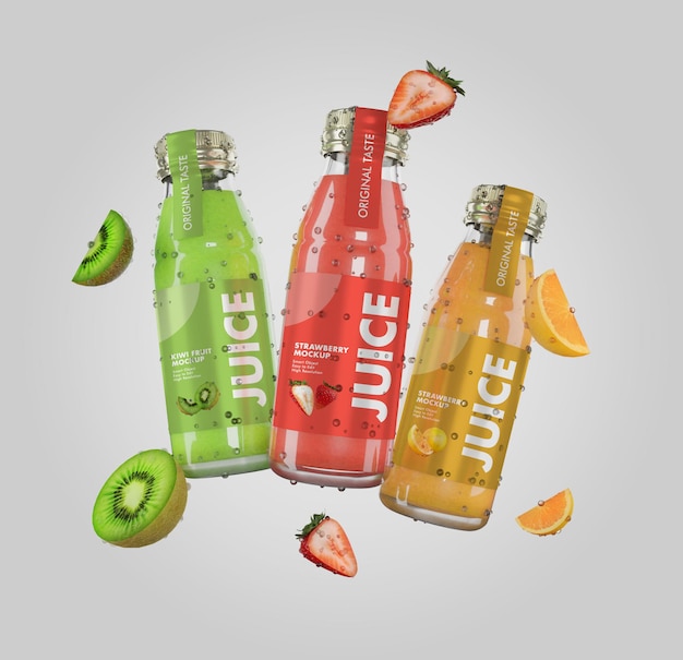 Rendering 3d di mockup di succo di frutta fresco con bottiglia di vetro