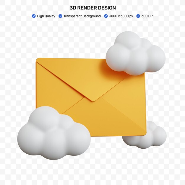 3D-rendering gele mail met drie witte wolken geïsoleerd