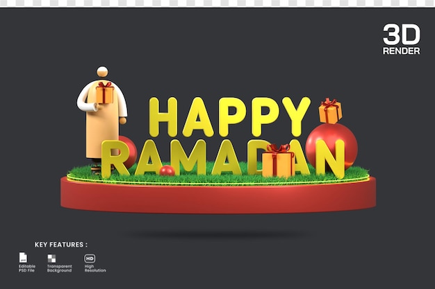 3d-rendering gelukkige ramadan-decoratie met mannelijk karakter met geschenkdoos op podiumillustratie