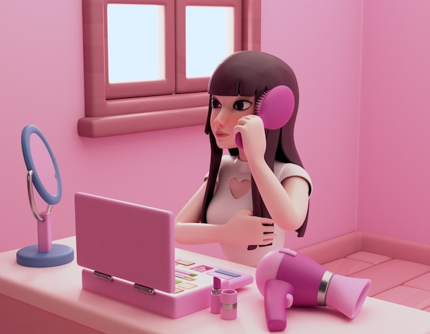 PSD 3d rendering of girl applying makeup