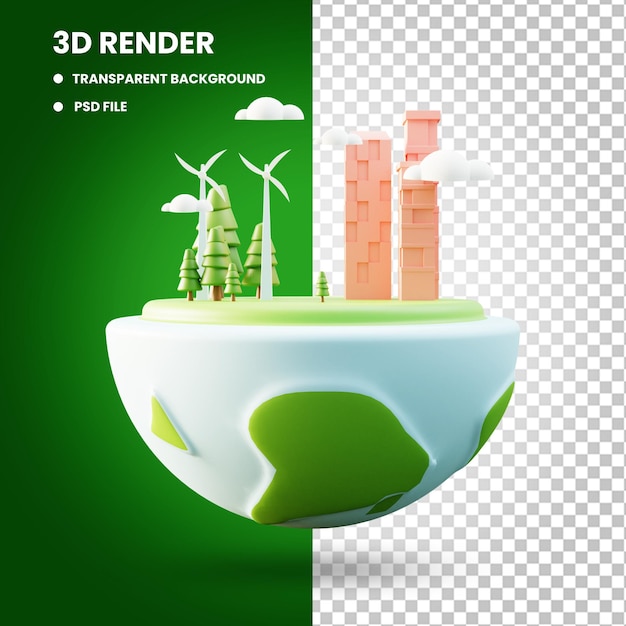 3d rendering of globe building and plant with windmill object illustration with earth day concept