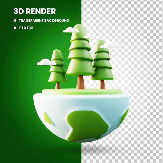 PSD 3d rendering of globe and trees object illustration with earth day concept