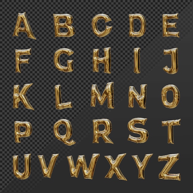 PSD 3d rendering gold alphabets balloon letter from a right center eye level angle perspective view