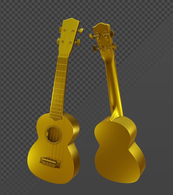 Rappresentazione 3d della vista prospettica dell'ukulele della chitarra dello strumento musicale dorato dell'oro