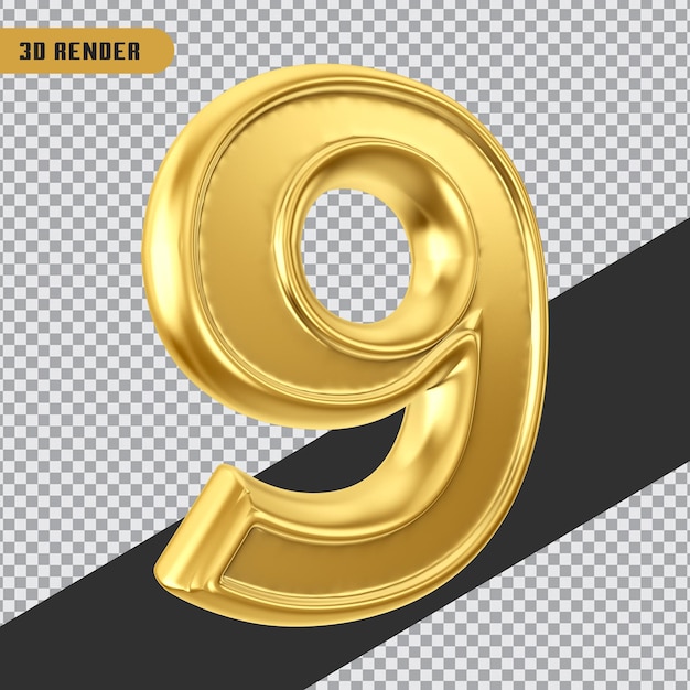 PSD 3d rendering gold number 9 isolated