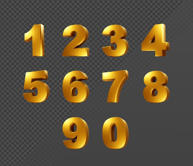 PSD 3d rendering gold number one two three four five six seven eight nine zero shiny metallic