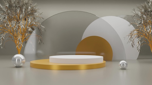 3d rendering gold podium on white background with tree
