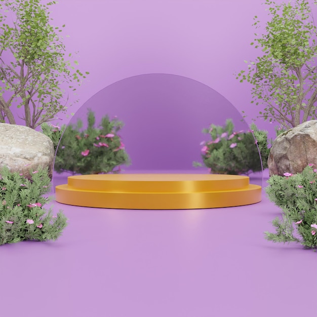 3d rendering gold podium on purple background with trees and rocks