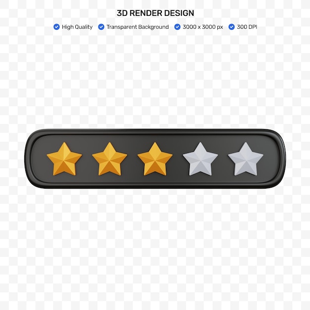 PSD 3d rendering gold star rating with three stars filled isolated