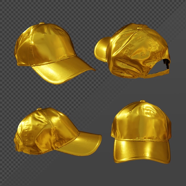 PSD 3d rendering of golden cap hat template from various angles of perspective view