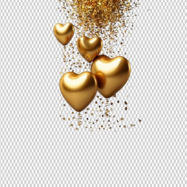 PSD un rendering 3d di confetti a palloncino d'amore dorato che galleggia con scintille di carta colorate