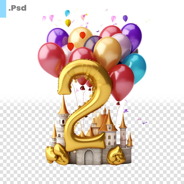 PSD 3d rendering of golden number 2 with balloons and castle on the background psd template