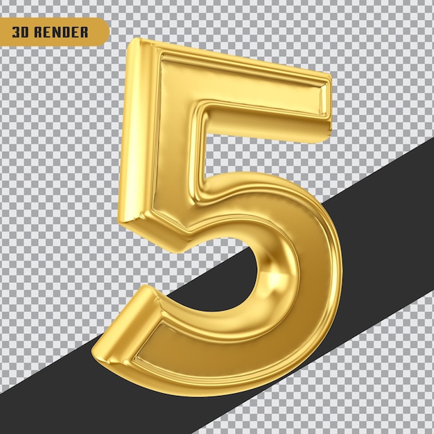 3d-rendering gouden nummer 5 geïsoleerd