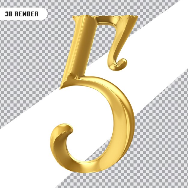 3D-rendering gouden nummer 5 geïsoleerd
