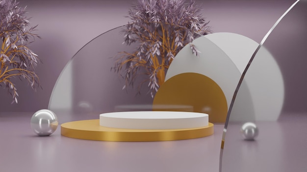 PSD 3d-rendering gouden podium op paarse achtergrond met boom