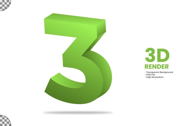 3d rendering green number 3 isolated