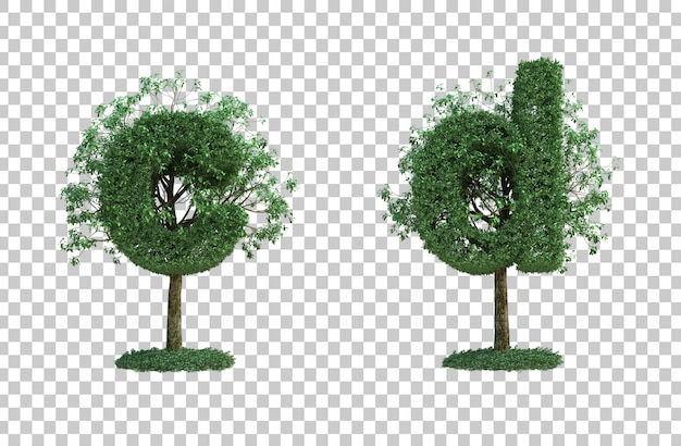綠色樹木字母 c 和 d 的 3D 渲染