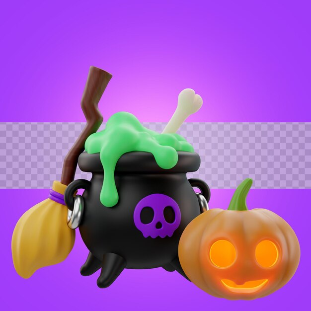 PSD 3d rendering of halloween cauldron and witch's broom icon