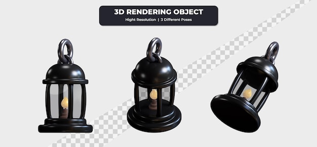 PSD 3d-rendering halloween lantaarn met drie verschillende poses pictogram illustratie