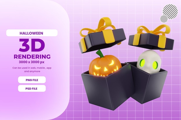 3D-rendering halloween pompoen met doos illustratie object premium psd