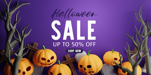 3d Rendering Halloween sale message with pumpkincrucifix skull grave on a purple background dry trees in the cemetery