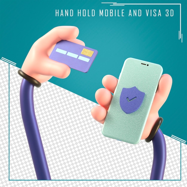 PSD rendering 3d della mano che tiene cellulare e carta di credito