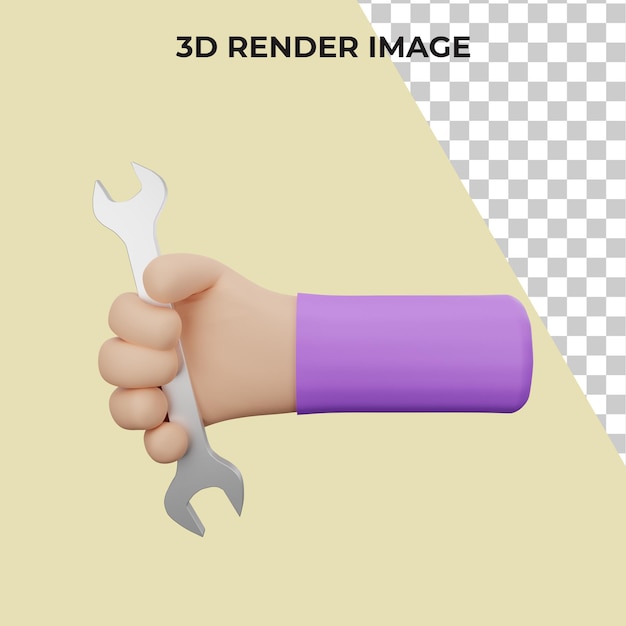 3d rendering of a hand holding a wrench tool premium psd