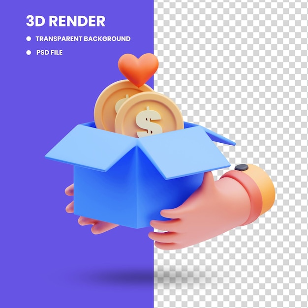 3d rendering of hand icon illustration giving money donation and empathy, charity day