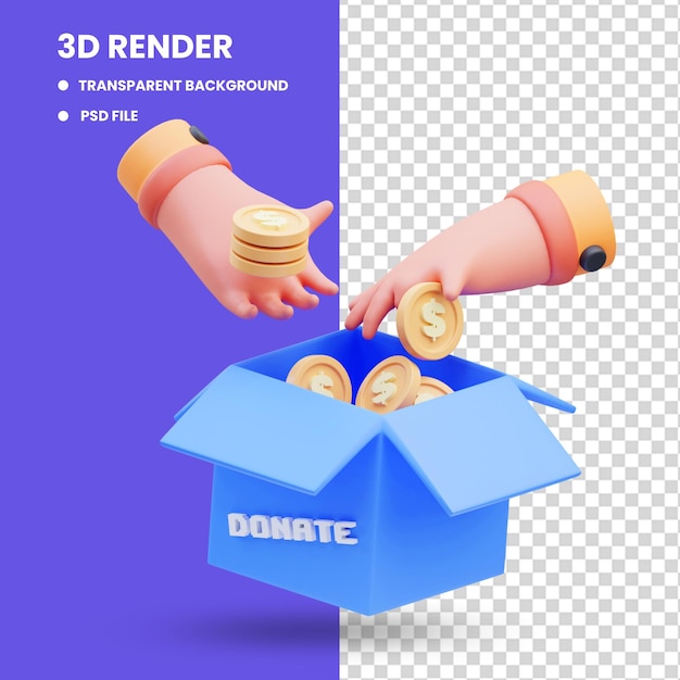 PSD rendering 3d dell'illustrazione dell'icona della mano che raccoglie denaro in una scatola di donazioni, giornata di beneficenza