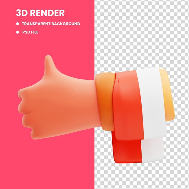 PSD 3d rendering of hand icon illustration with a gesture of liking to wear the indonesian flag cloth