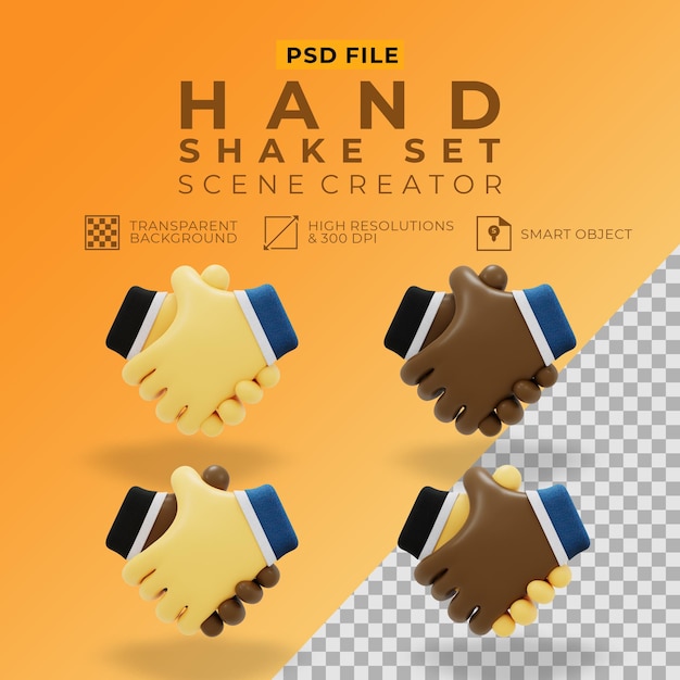 PSD 3d rendering of hand shake set for scene creator