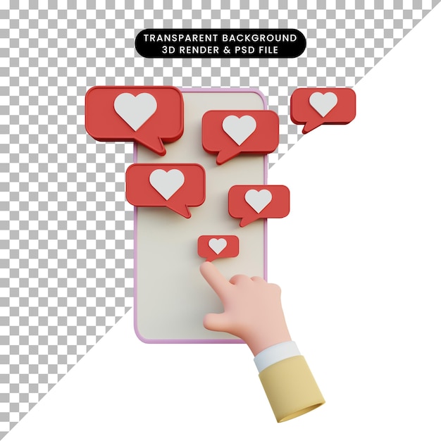 3D-rendering hand touch smartphone met liefde pictogram