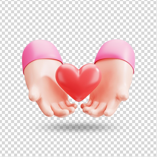 PSD rendering 3d dell'illustrazione del concetto di san valentino a mano con gesto di sollevamento del cuore rosso