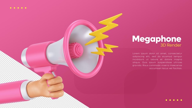 PSD rendering 3d della mano con megafono rosa