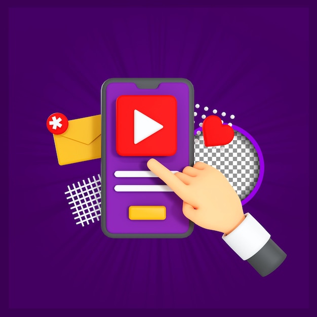3D rendering of hands pressing the play button for social media illustration