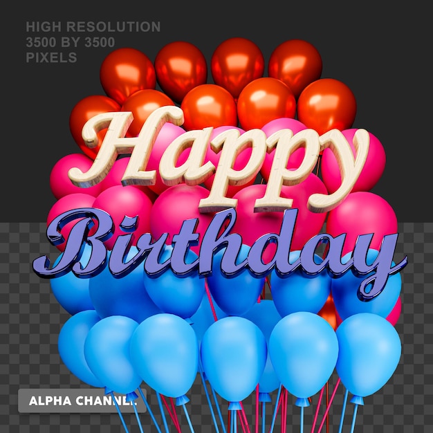 3d rendering happy birthday text with balloon