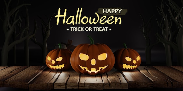 3d Rendering Happy Halloween message with pumpkincrucifix skull grave on wooden background 밤에 묘지의 마른 나무