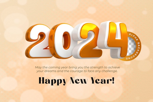 Rendering 3d felice anno nuovo 2024 modello di progettazione banner con effetto testo 3d oro