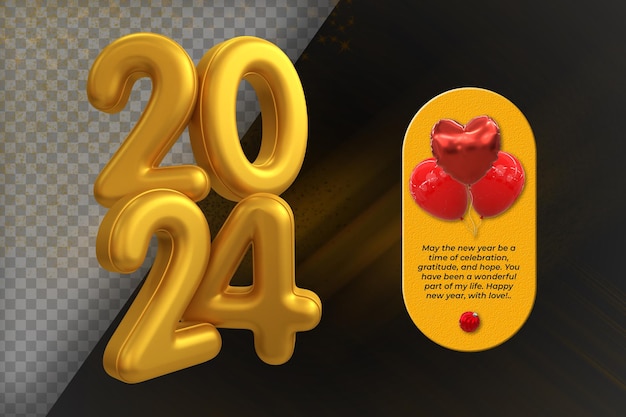 Rendering 3d felice anno nuovo 2024 modello di progettazione banner con effetto testo 3d oro