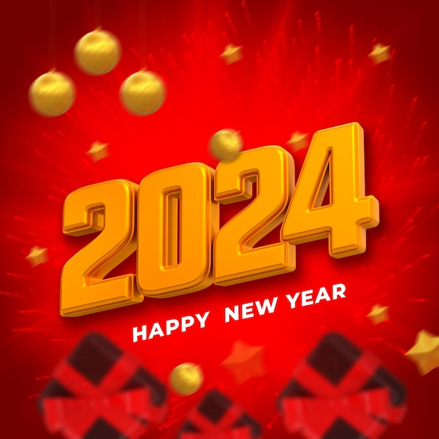Rendering 3d felice anno nuovo 2024 modello di progettazione banner con effetto testo 3d oro