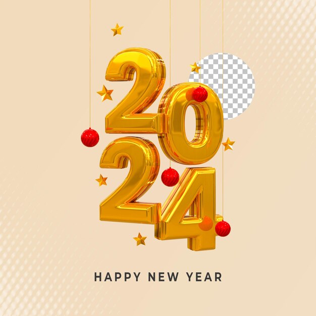 3d rendering happy new year 2024 gold 3d text effect banner design template