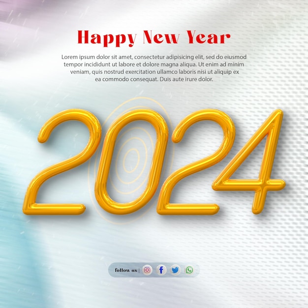 PSD rendering 3d felice anno nuovo 2024 modello di progettazione banner con effetto testo 3d oro