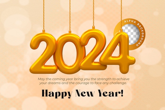 PSD 3d rendering happy new year 2024 gold 3d text effect with social media banner design template