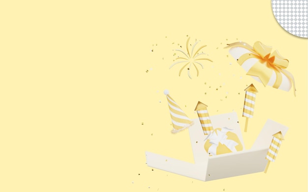 PSD 3d rendering of happy new year on yellow background with open gift box and fireworks