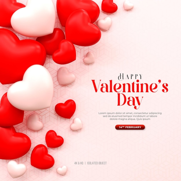 PSD 3d 렌더링 행복한 발렌타인 데이 인스타그램 또는 소셜 미디어 포스트 하루 이야기와 심장 아이콘