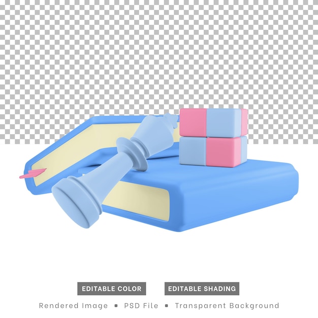 3d 렌더링 취미 아이콘에는 책 체스 조각과 큐브 퍼즐이 포함됩니다.