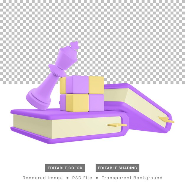 3d rendering hobby icons include books chess pieces and cube puzzles